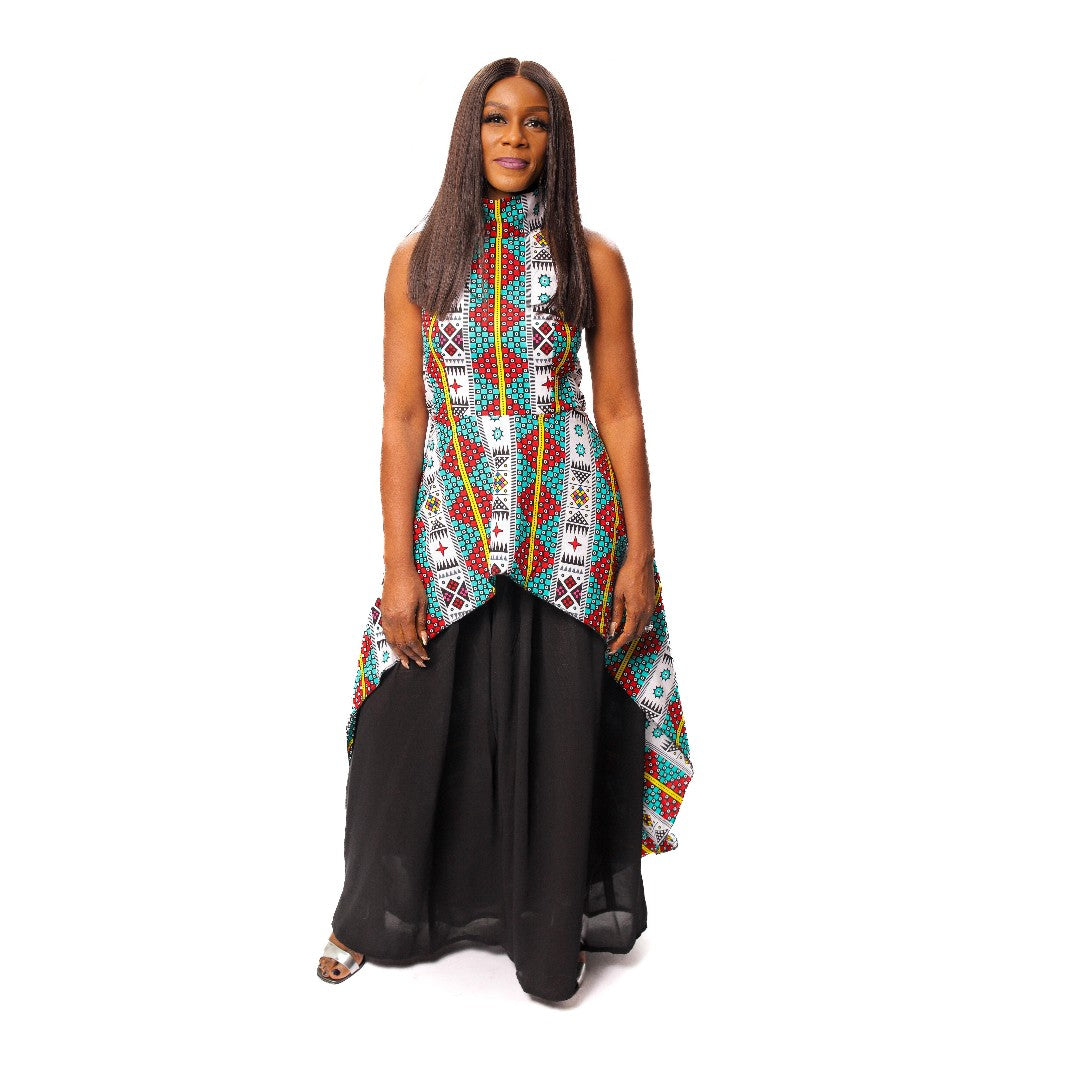Ankara and Chiffon Mix Halter Neck Dress, African Print Halter Neck Dress, Ankara Maxi Dress