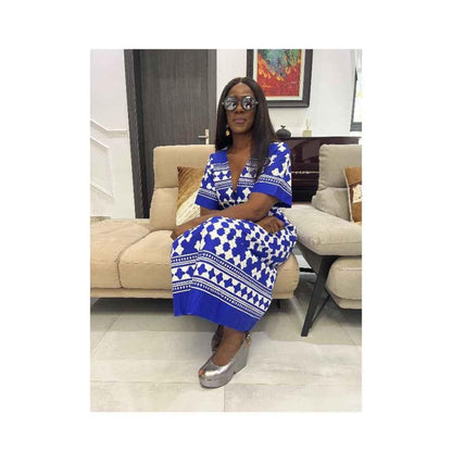 Blue and White Flared Maxi Dress