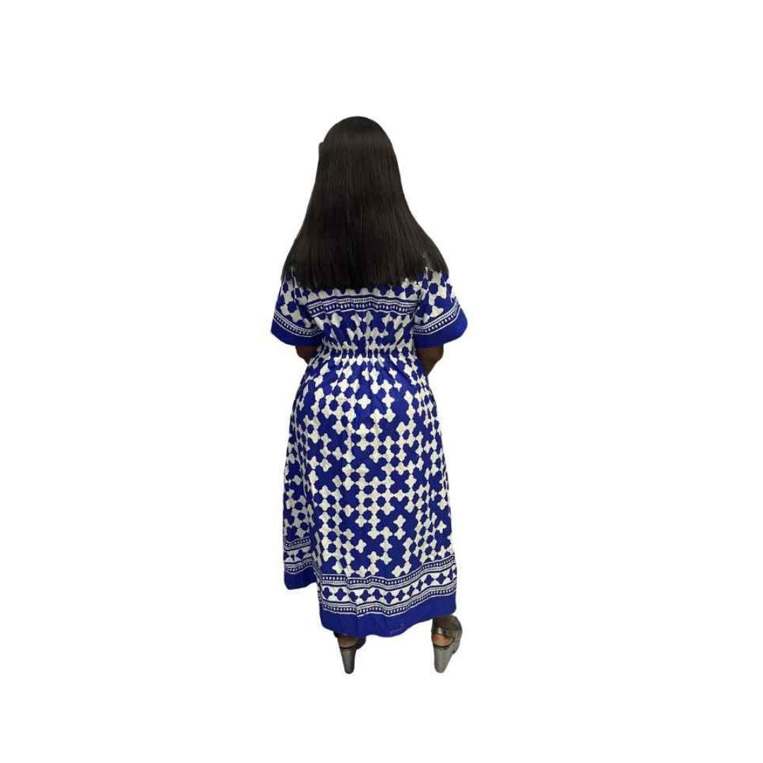 Blue and White Flared Maxi Dress
