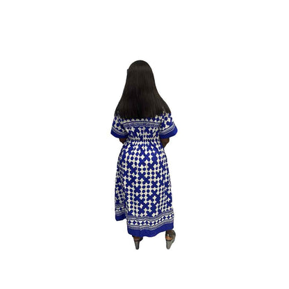 Blue and White Flared Maxi Dress