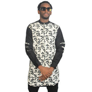 Patterned Shirt featuring a black and white floral leaf pattern on the torso with contrasting solid black long sleeves and a mandarin collar.