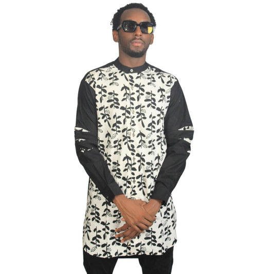 Patterned Shirt featuring a black and white floral leaf pattern on the torso with contrasting solid black long sleeves and a mandarin collar.