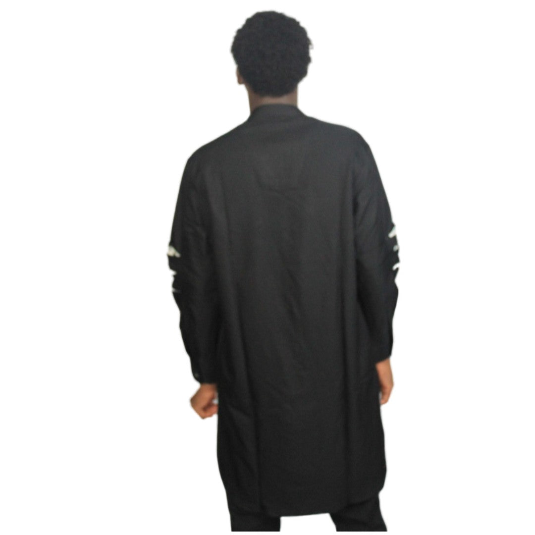Patterned Shirt featuring a black and white floral leaf pattern on the torso with contrasting solid black long sleeves and a mandarin collar. Back View 