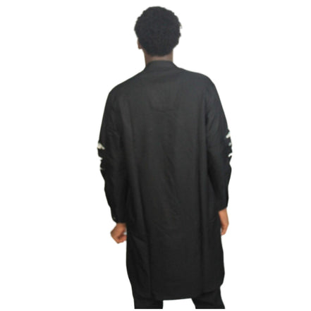 Patterned Shirt featuring a black and white floral leaf pattern on the torso with contrasting solid black long sleeves and a mandarin collar. Back View 