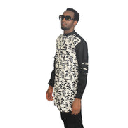 Patterned Shirtfeaturing a black and white floral leaf pattern on the torso with contrasting solid black long sleeves and a mandarin collar. Side