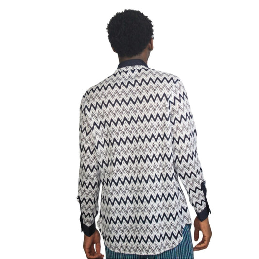 Patterned Shirt  featuring a black and white mesh zigzag pattern, a dark contrasting button placket, and matching dark cuffs. Back View 