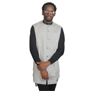 Patterned Shirt featuring a white and black micro-dotted torso with solid black sleeves and a mandarin collar. 