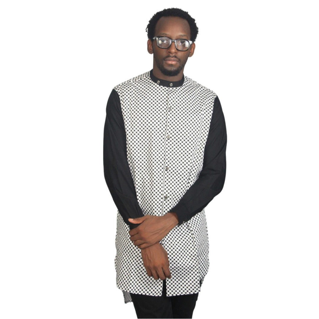 Patterned Shirt featuring a white and black micro-dotted torso with solid black sleeves and a mandarin collar. 