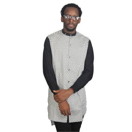 Patterned Shirt featuring a white and black micro-dotted torso with solid black sleeves and a mandarin collar. 