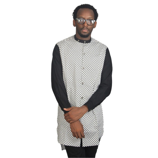 Patterned Shirt featuring a white and black micro-dotted torso with solid black sleeves and a mandarin collar. 