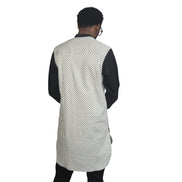 Patterned Shirt featuring a white and black micro-dotted torso with solid black sleeves and a mandarin collar. Back View