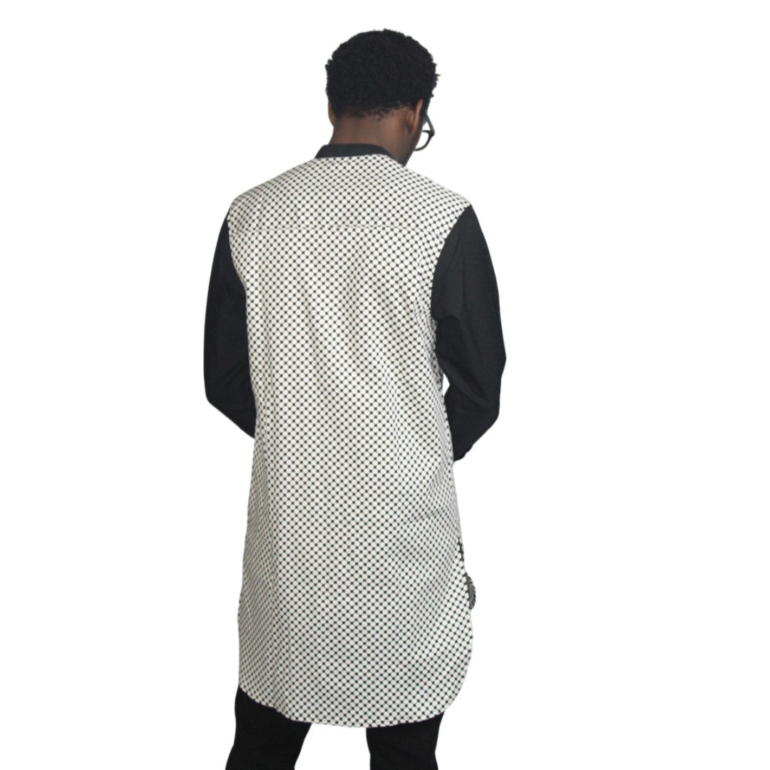 Patterned Shirt featuring a white and black micro-dotted torso with solid black sleeves and a mandarin collar. Back View