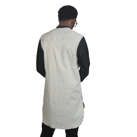 Patterned Shirt featuring a white and black micro-dotted torso with solid black sleeves and a mandarin collar. Back View