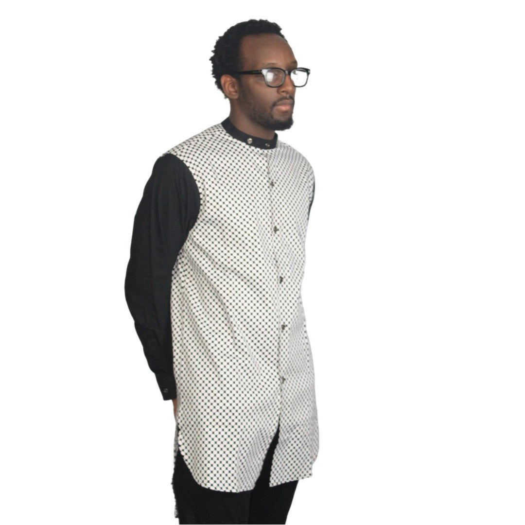 Patterned Shirt featuring a white and black micro-dotted torso with solid black sleeves and a mandarin collar.