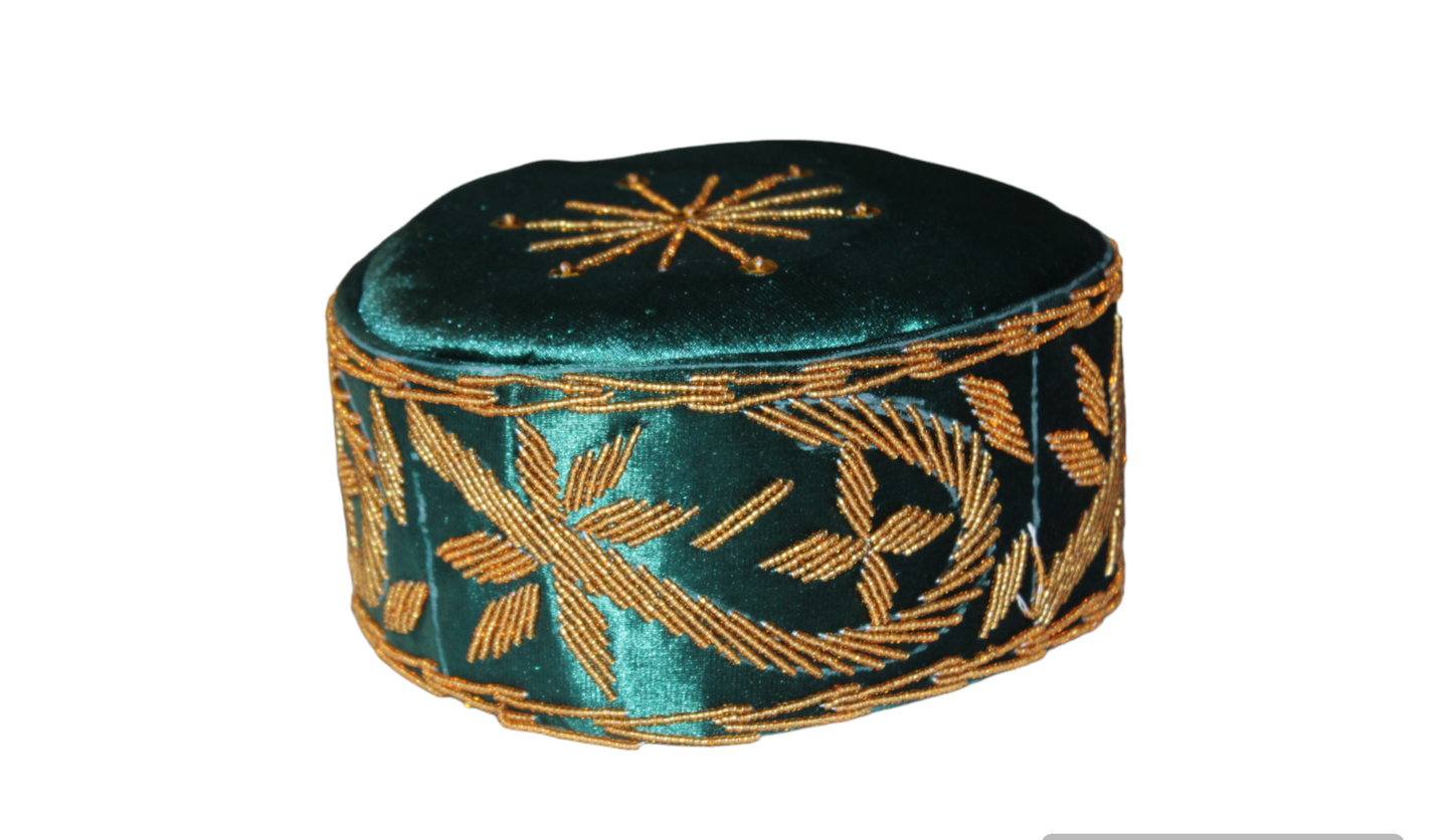 Green Velvet Hat with Golden Floral Pattern, Round