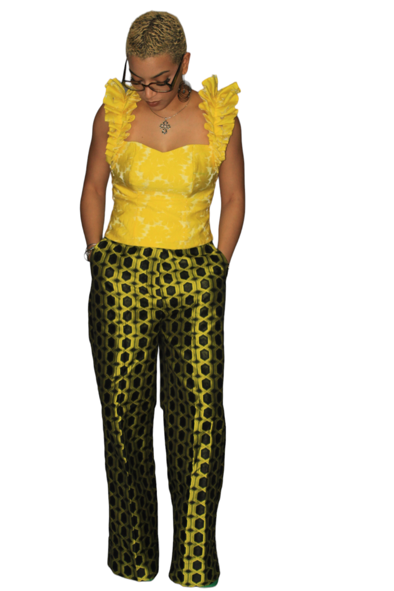 Yellow And Black Mix Jacquard/Damask Pants, African Womens Pants