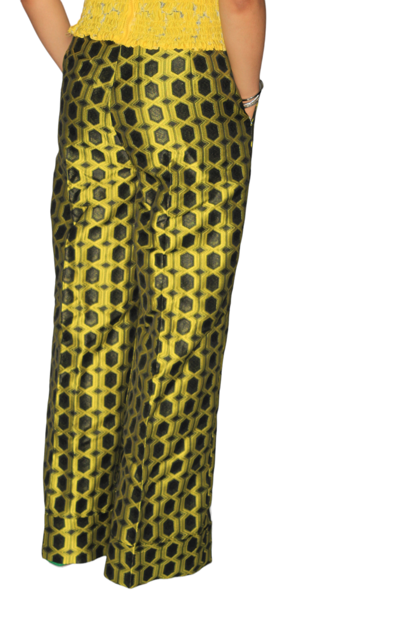 Yellow And Black Mix Jacquard/Damask Pants, African Womens Pants