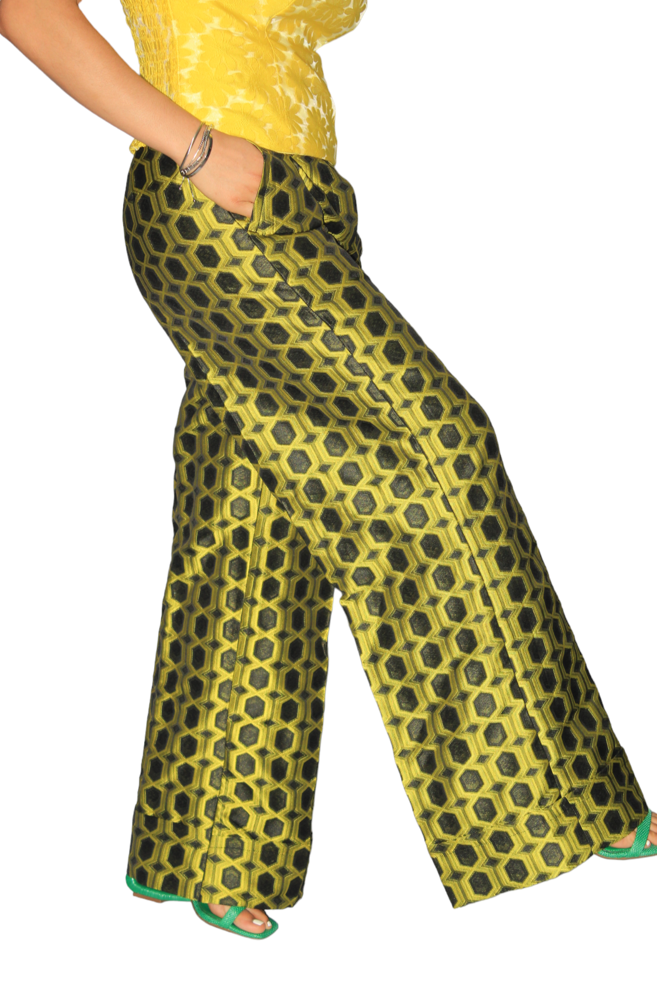 Yellow And Black Mix Jacquard/Damask Pants, African Womens Pants