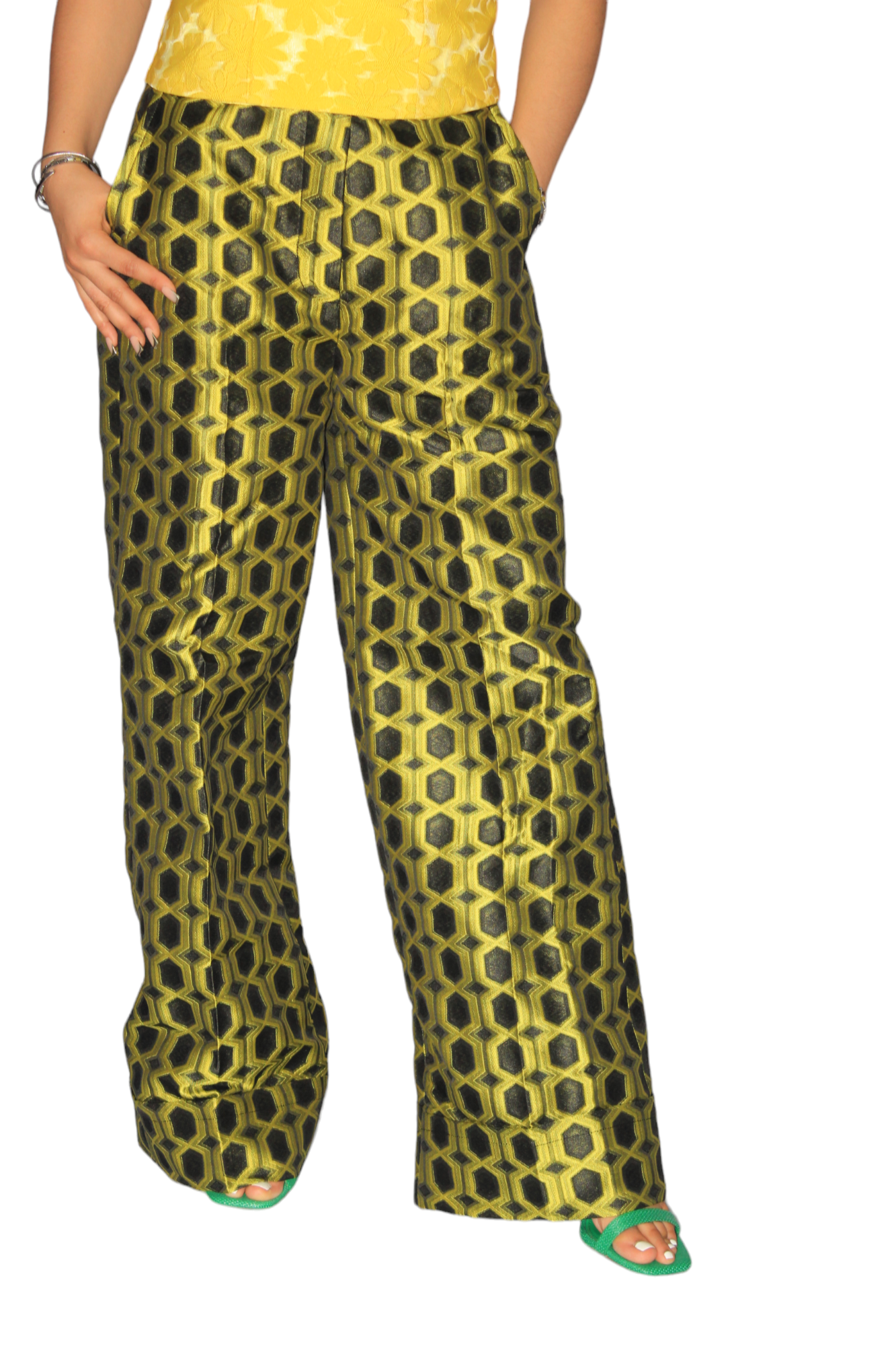 Yellow And Black Mix Jacquard/Damask Pants, African Womens Pants