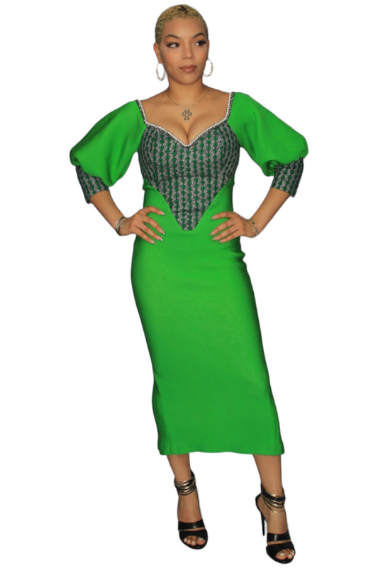 Green Jersey and Ankara Mix Maxi Dress