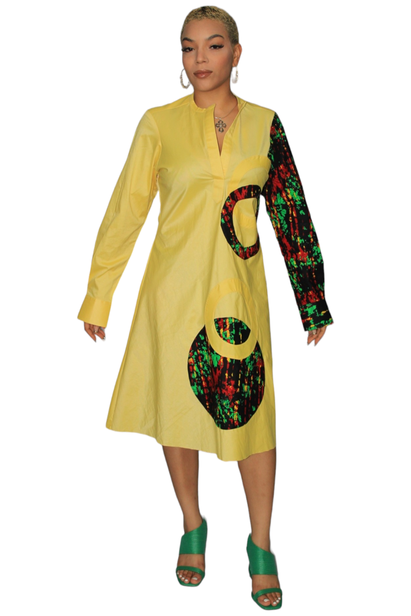 Yellow Ankara Mix Shirt Dress with ankara patch work design