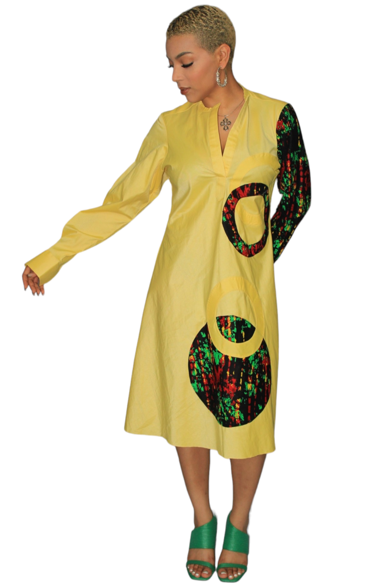 Yellow Ankara Mix Shirt Dress with ankara patch work design