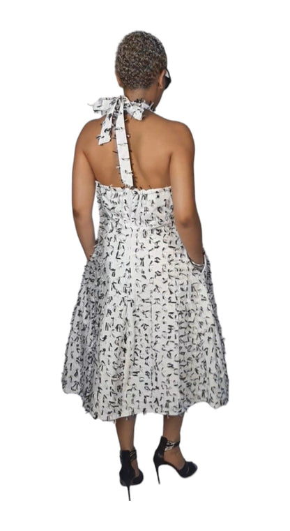 White and Partly Dense Black Mix Patterned Halter Neck Dress