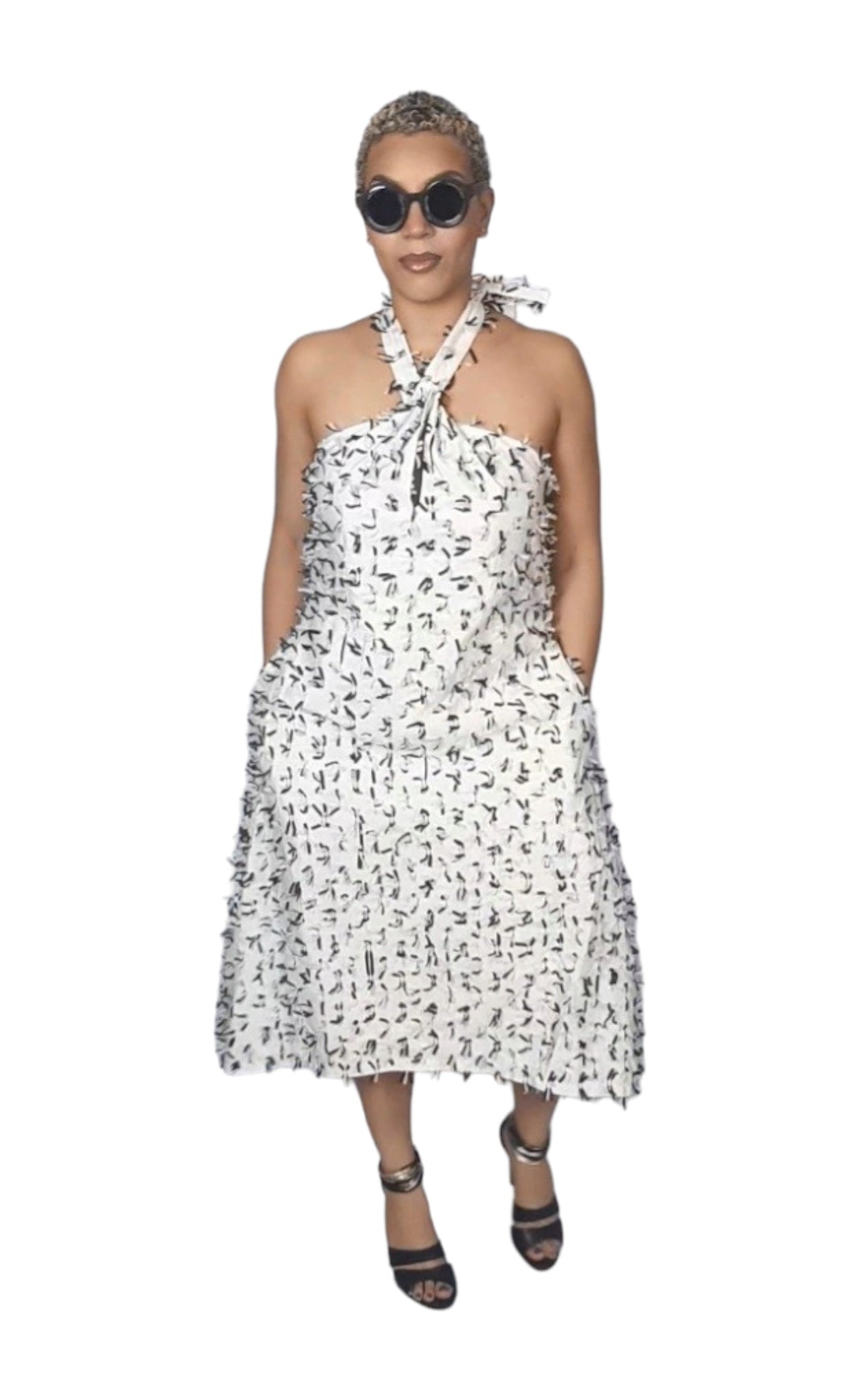 White and Partly Dense Black Mix Patterned Halter Neck Dress