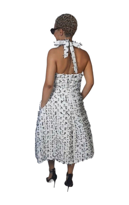 White and Partly Dense Black Mix Patterned Halter Neck Dress