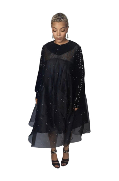 Black Organza Shiny Midi Dress