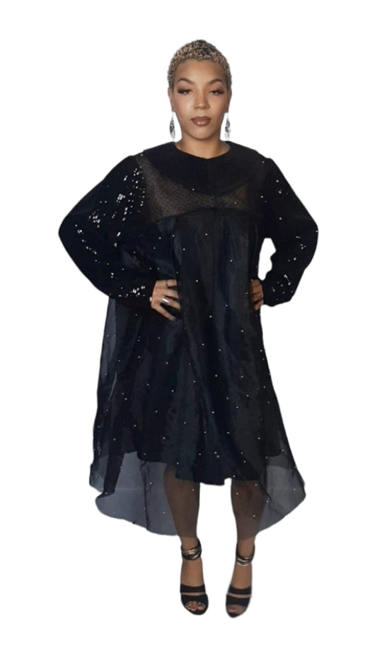 Black Organza Shiny Midi Dress