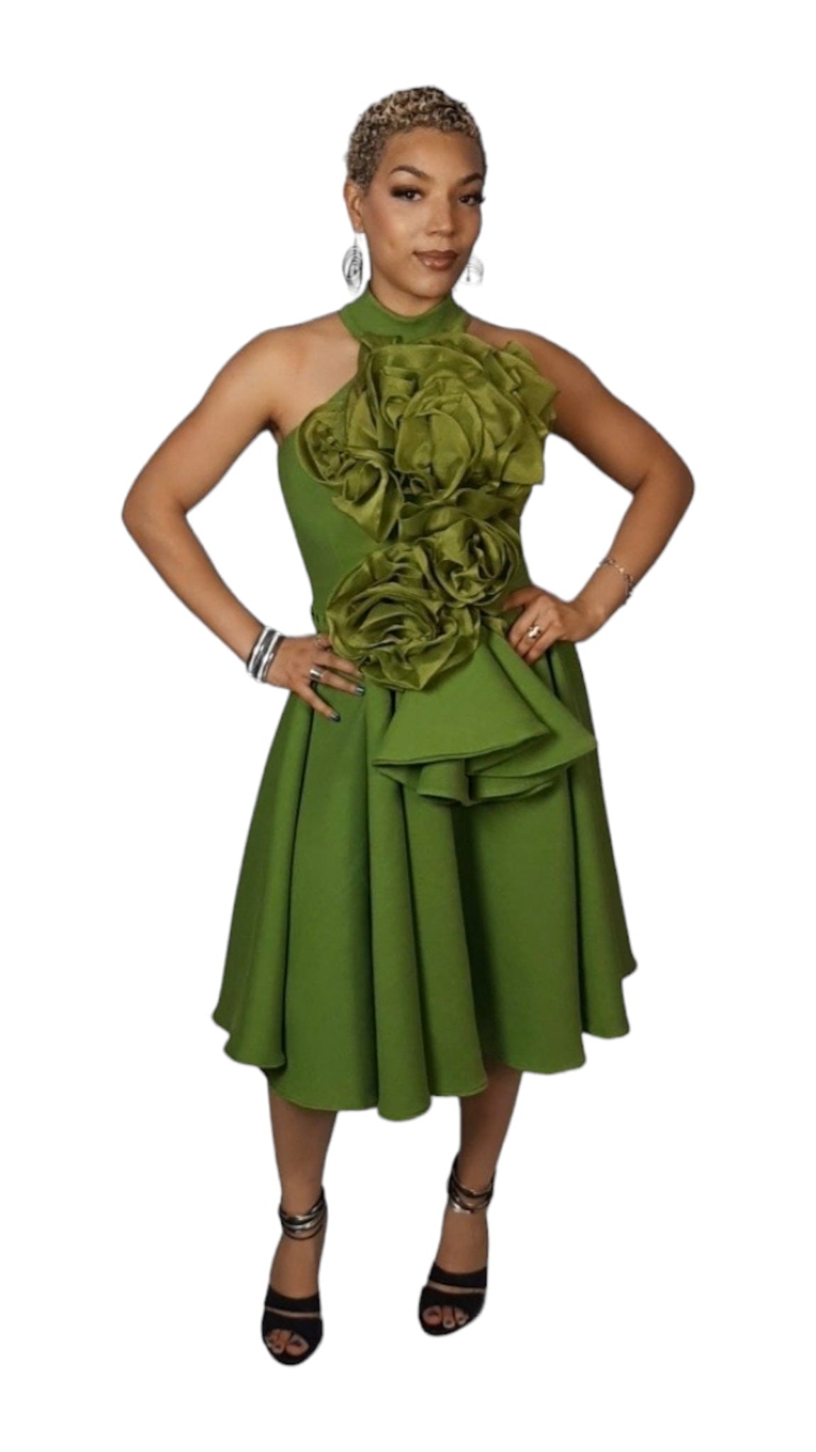 Green Jersey Midi Dress with Frontal Embellishment