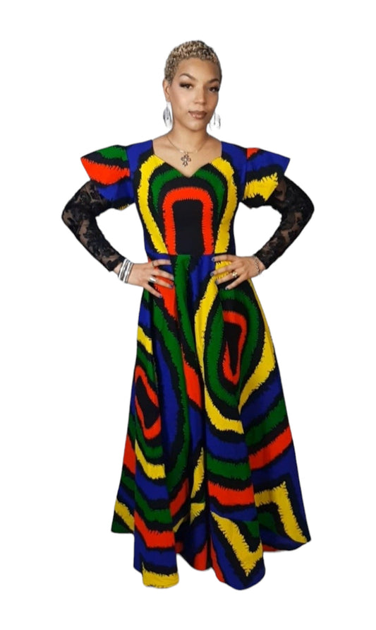 Multi Color Ankara Maxi Dress With A Black Net Long Sleeves