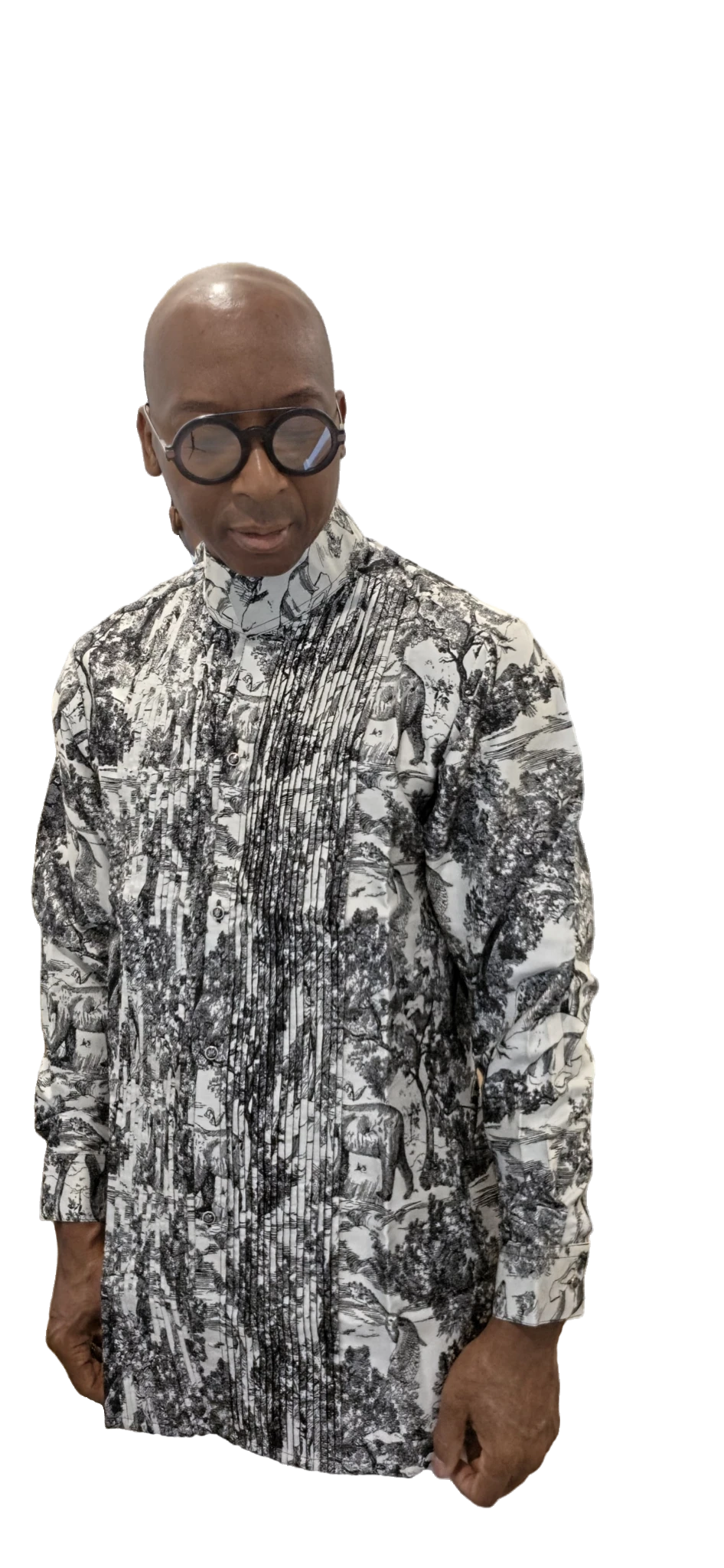 Senator-Style Shirt featuring a cream and black scenic wildlife print, vertical central micro-pleating, high mandarin collar, and buttoned long-sleeve silhouette.
