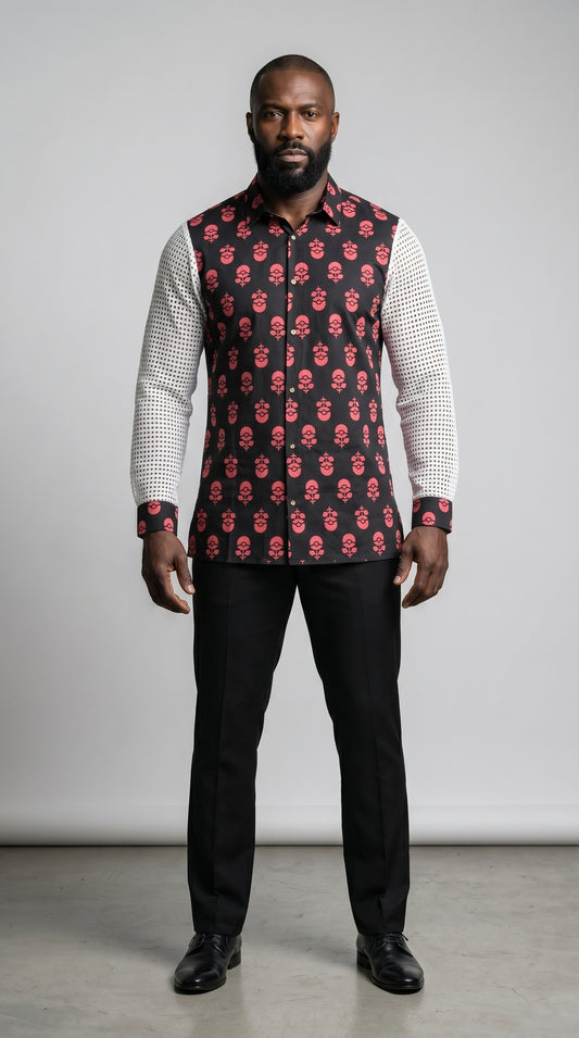Shirt featuring a long-sleeved silhouette with a black and coral-pink floral Ankara print torso, accented by white mesh net sleeves with matching printed cuffs.