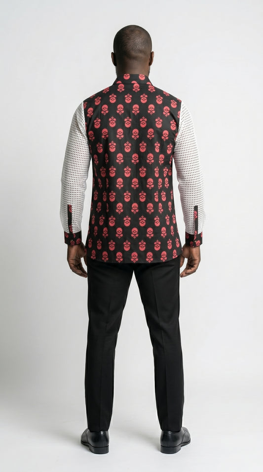 Shirt featuring a long-sleeved silhouette with a black and coral-pink floral Ankara print torso, accented by white mesh net sleeves with matching printed cuffs.