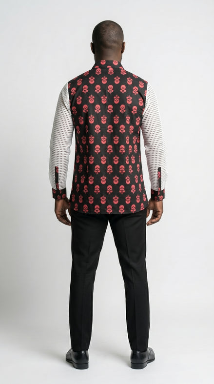 Shirt featuring a long-sleeved silhouette with a black and coral-pink floral Ankara print torso, accented by white mesh net sleeves with matching printed cuffs.