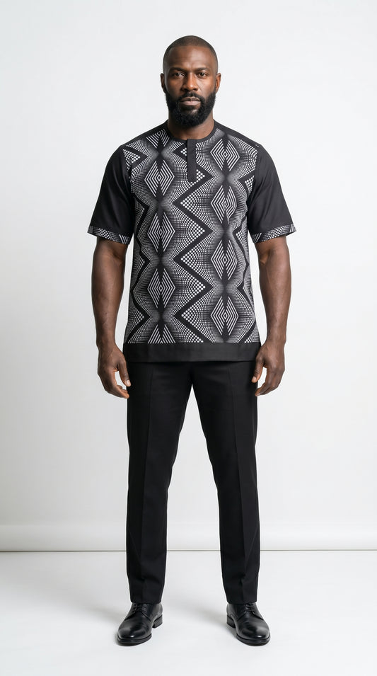 Shirt featuring a short-sleeved silhouette with a black and white optical diamond Ankara print on the chest, contrasted by solid black sleeves, collar, and side panels.