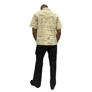Short-sleeve cotton shirt featuring a black cursive script pattern on a cream-colored fabric with a button-down front and camp collar.