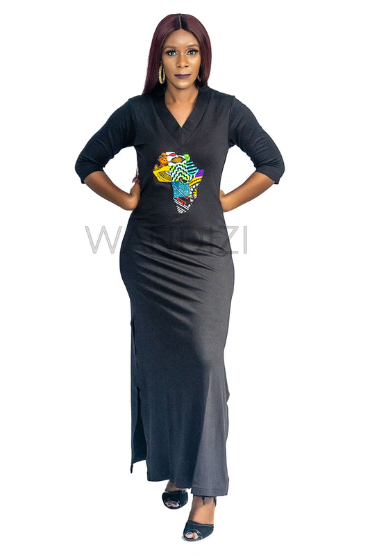 Tank Dress featuring a fitted black V-neck maxi dress adorned with a central multi-colored geometric African print map patch on the chest and high side slits