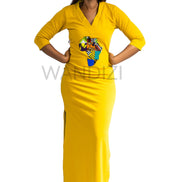Tank Dress featuring a fitted yellow V-neck maxi dress adorned with a central multi-colored geometric African print map patch on the chest and high side slits