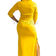 Tank Dress featuring a fitted yellow V-neck maxi dress adorned with a central multi-colored geometric African print map patch on the chest and high side slits