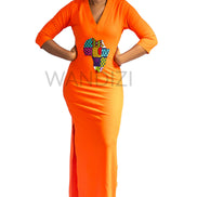 Tank Dress featuring a fitted orange V-neck maxi dress adorned with a central multi-colored geometric African print map patch on the chest and high side slits