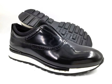 The Hybrid Brogue Runner with its high-shine black leather upper, traditional brogue perforations, black neoprene ankle collar, and a thick black and white high-traction sole.