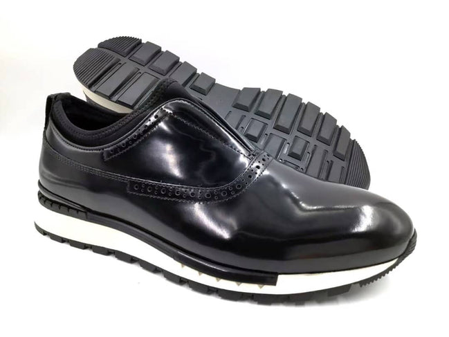 The Hybrid Brogue Runner with its high-shine black leather upper, traditional brogue perforations, black neoprene ankle collar, and a thick black and white high-traction sole.
