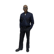 Tracksuit featuring a dark blue zip-up jacket with plaid pocket accents and matching plaid trousers with a side cargo pocket