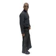 Tracksuit featuring a black bomber-style jacket with patterned sleeve accents and matching transformer pants with side-zip detailing