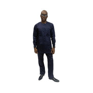 Traditional Suit featuring a navy blue pinstripe pattern with a unique diagonal-stripe geometric chest panel and matching straight-leg trousers