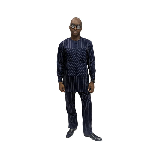 Traditional Suit featuring a navy blue pinstripe pattern with a unique diagonal-stripe geometric chest panel and matching straight-leg trousers