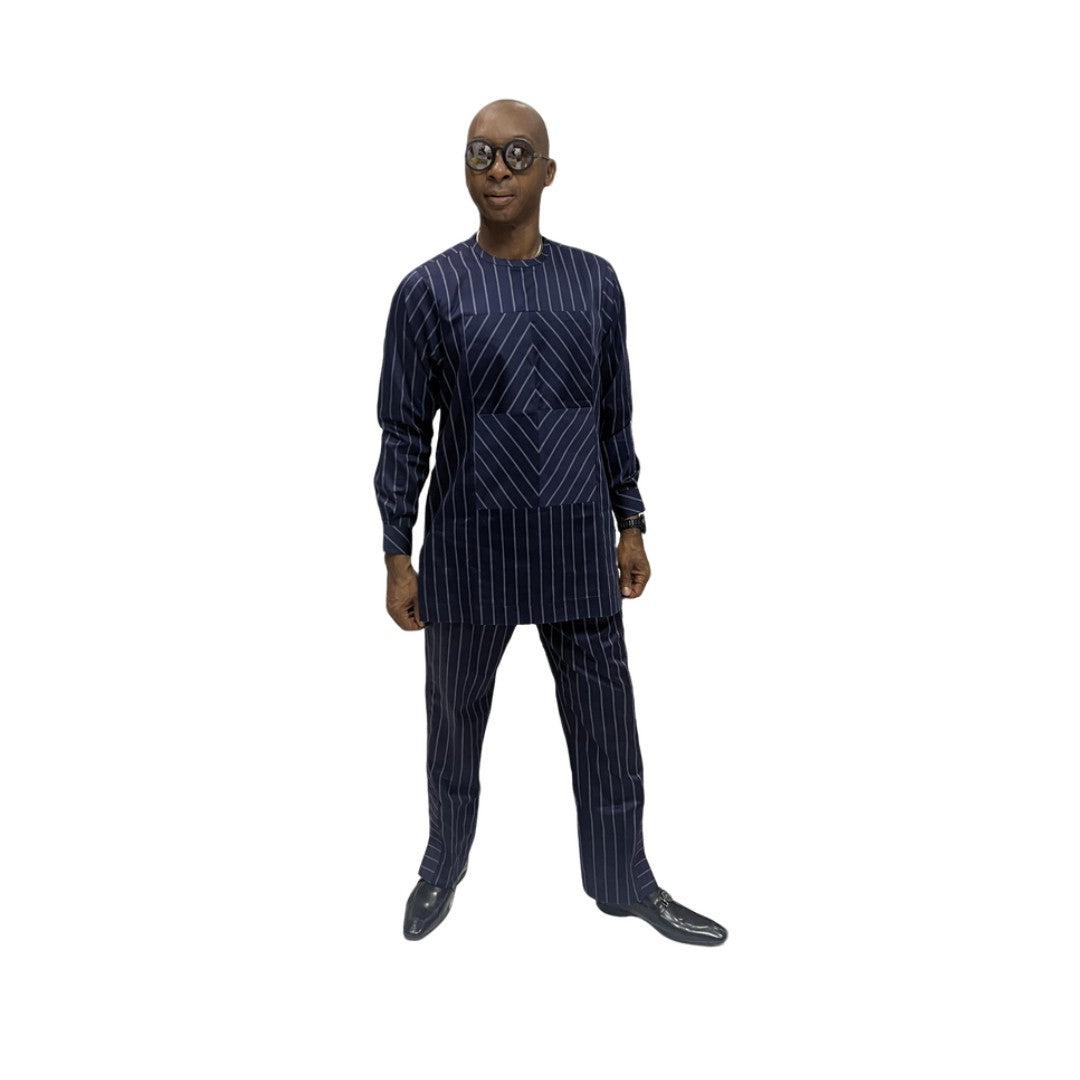 Traditional Suit featuring a navy blue pinstripe pattern with a unique diagonal-stripe geometric chest panel and matching straight-leg trousers